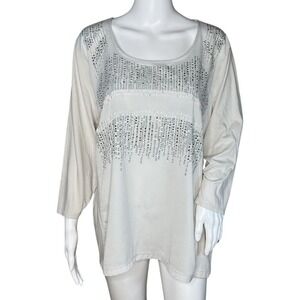 Chicos‎ Shirt Womens XL Light Gray Embellished Mixed Media Updated Basic Party
